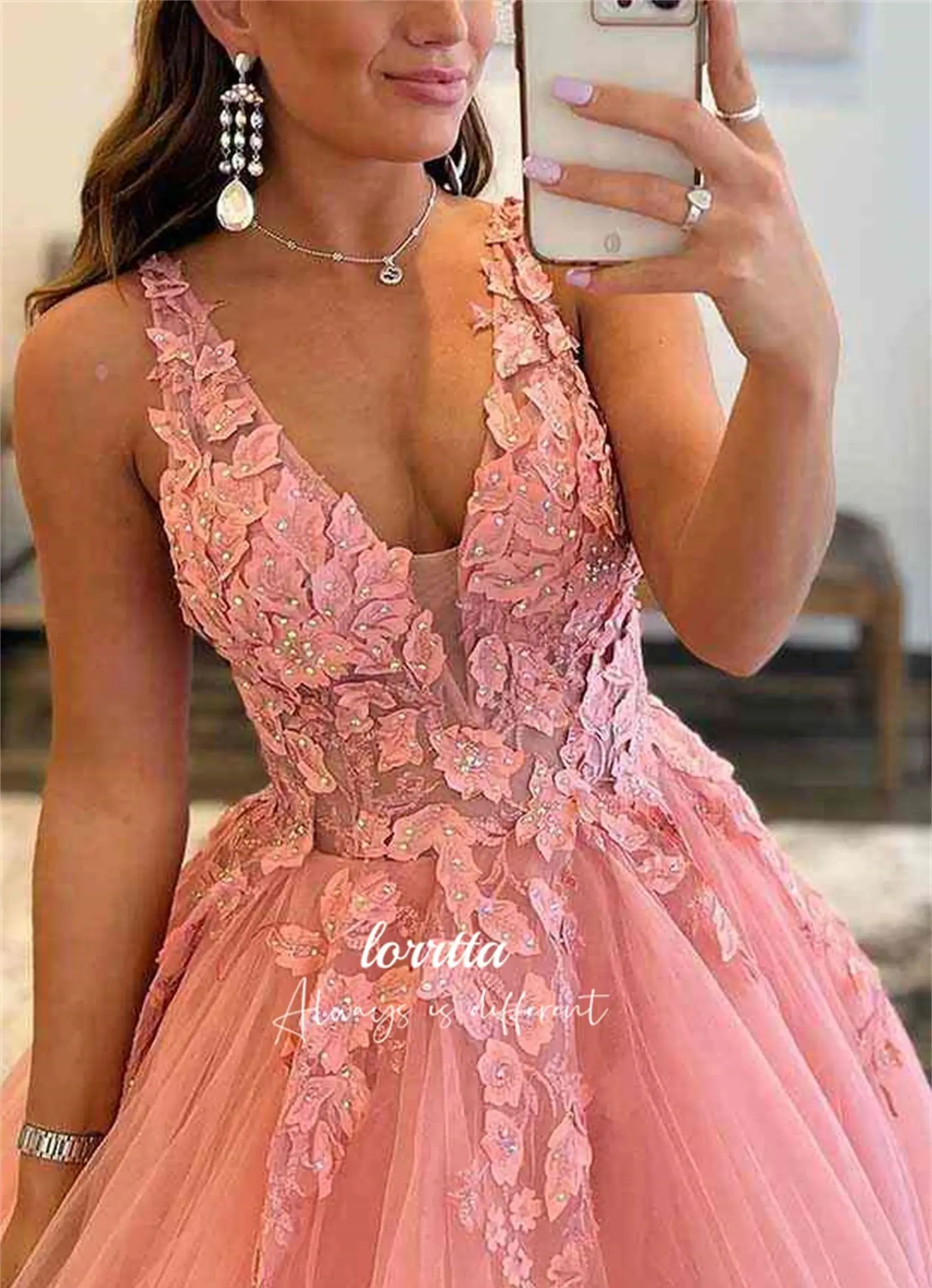 Lorrtta Woman Wedding Party Dress Mesh V-neck Line A Pink Graduation Gown Luxurious Evening Dresses 2024 Luxury Ball Gowns Prom