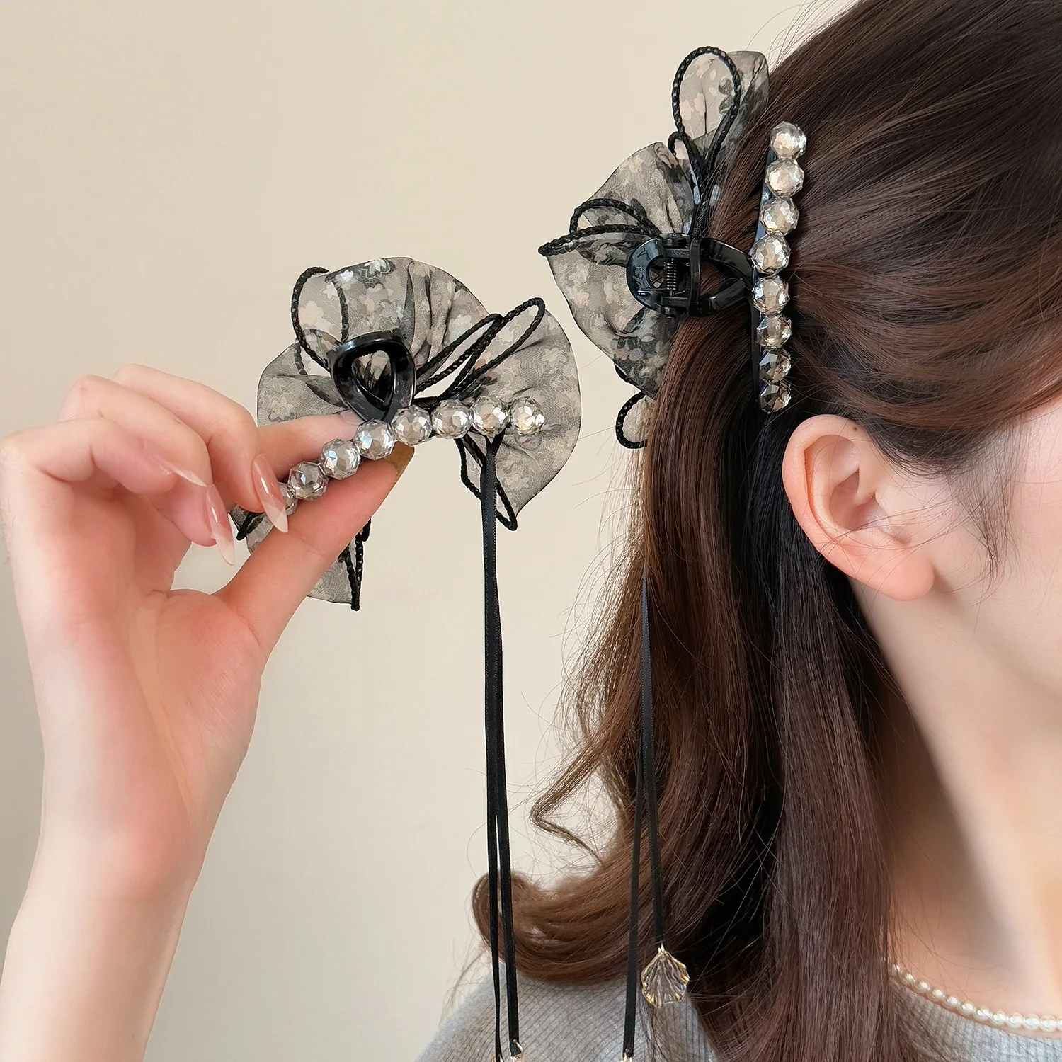 1pc Mesh Puff Cloud Floral Scrunchie Shark Clip with Ribbon Tassel Bow Back of Head Double Side Hair Claw for Women