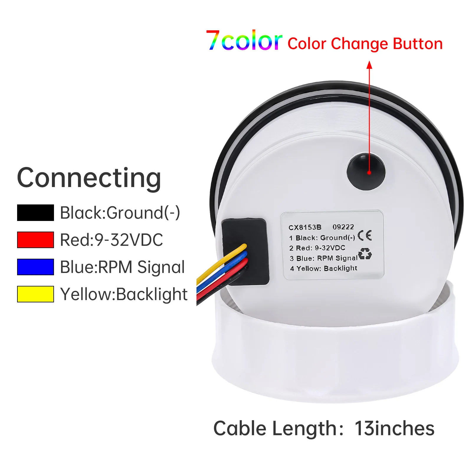 Round Auto RPM Tachometer 8000 RPM Tacho Gauge with LCD Light Car Digital Hourmeter Marine Outboard Diesel Engine 7Colors Change view 5