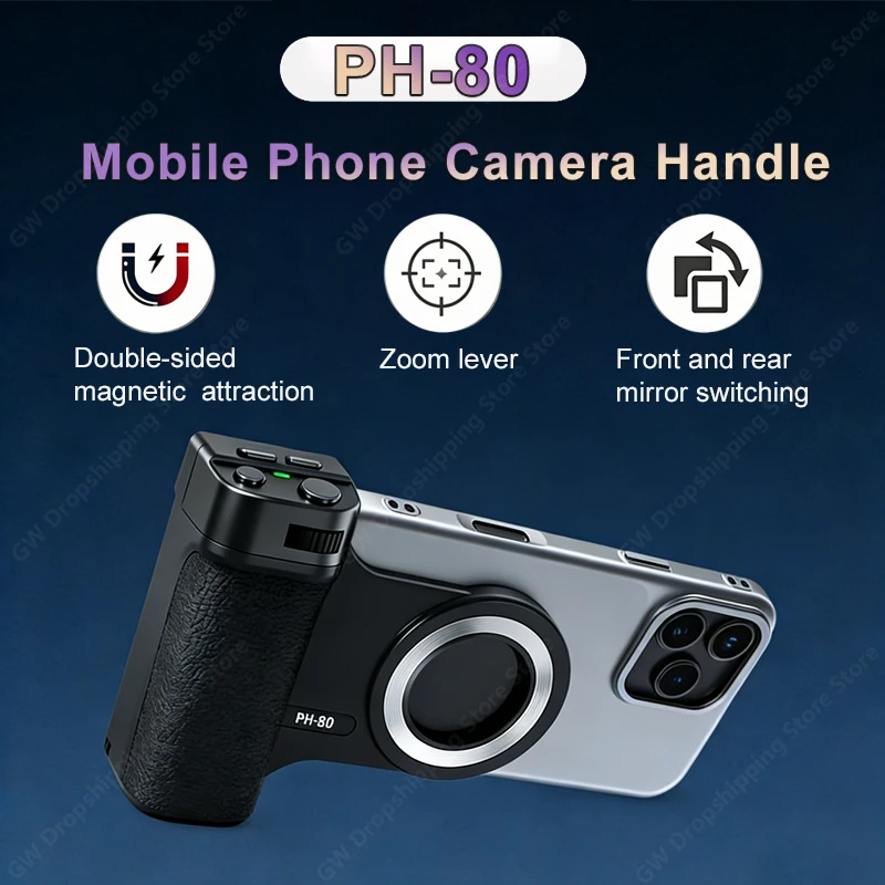 Poignée de téléphone magnétique Bluetooth avec bouton déclencheur zoom, lumière d'appoint et télécommande – Stabilisateur portable pour smartphone