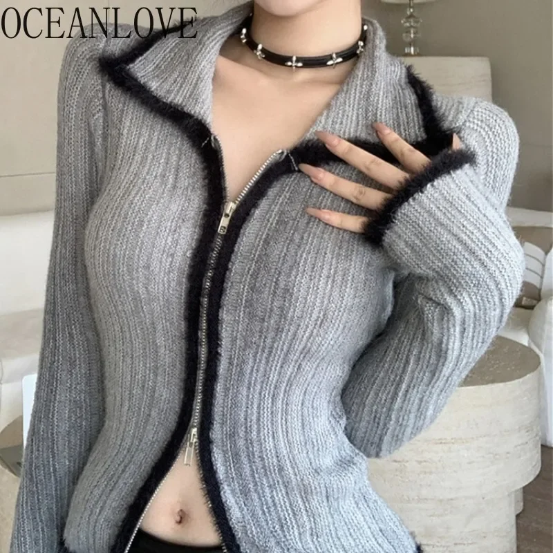 OCEANLOVE Contrast Color Vintage Cardigans for Women Zipper Y2k Korean Fashion Sweater Autumn Winter Short Knitwears Tops