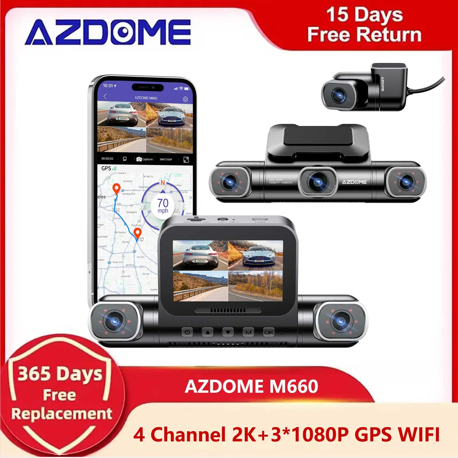 AZDOME M660 4 Channel Car DVR HD 2K+3*1080P Lens Dashcam Infrared Lights Super Night Vision WIFI GPS Video Recorder 24H Parking