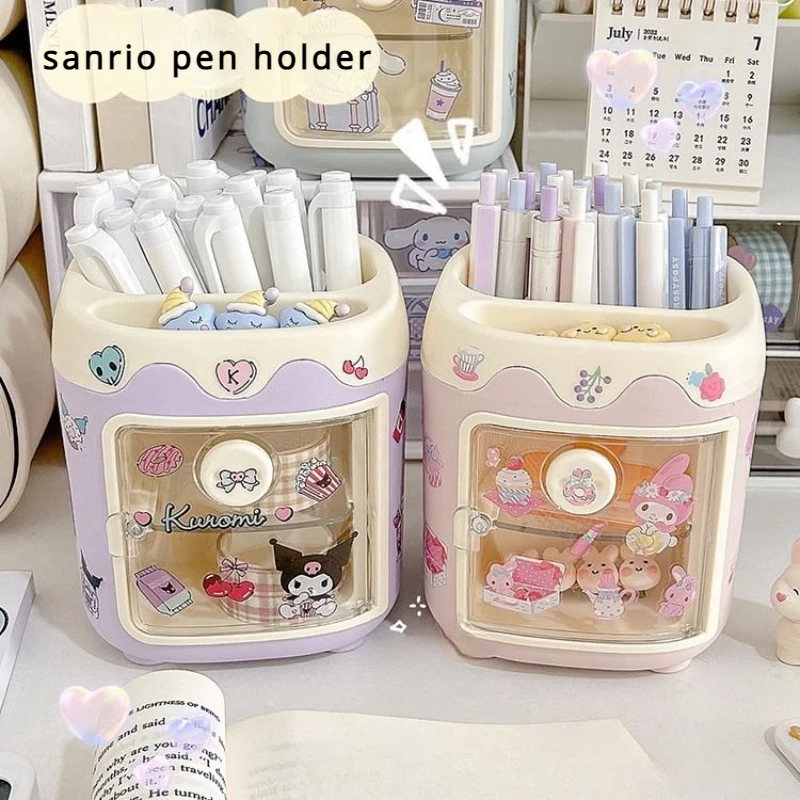 Miniso Sanrio Desktop Storage Box Kids Stationery Pen Holder Kuromi Cinnamoroll Melody Sticker for School Storage Organizer Gift