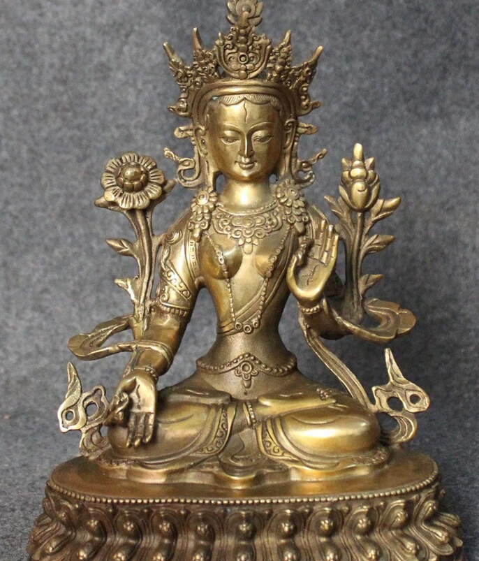 

9"China Tibet Buddhism Bronze Seat Lotus 7 Eyes White Tara Goddess Buddha Statue