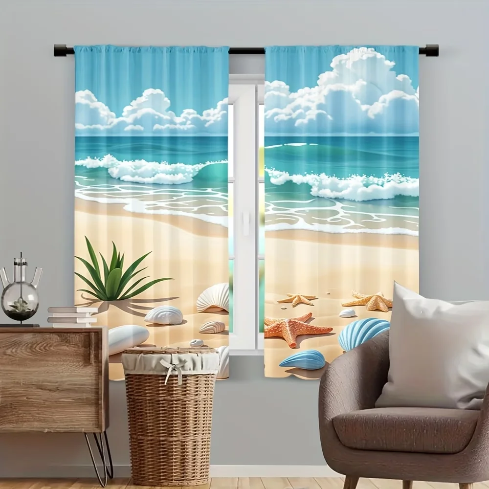 2PCS Digital Printed Curtains, Sandy Beach Ocean Wave Coastal Scene, Window Treatments for Living Room Bedroom Home Decoration