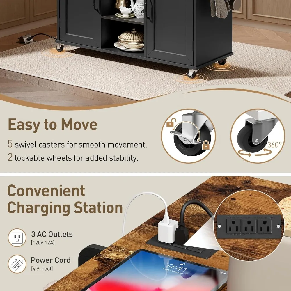 جزيرة المطبخ مع منافذ كهربائية وأوراق قطرة، عربة مطبخ مع مساحة تخزين، درج ورف توابل، رف برجي، طاولة جزيرة، أسود #6