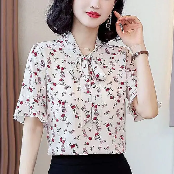 

Chiffon Short-sleeved Blouse Women's Summer Print Ruffle Large Size Top Fashionable Loose