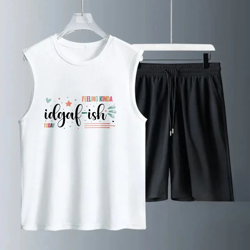 بدلة صدرية رجالية صيفية بدون أكمام مطبوعة Idgaf Ish تانك القمم + شورت أطقم رياضية بدلة رياضية سويت شيرت رجالي سريع الجفاف