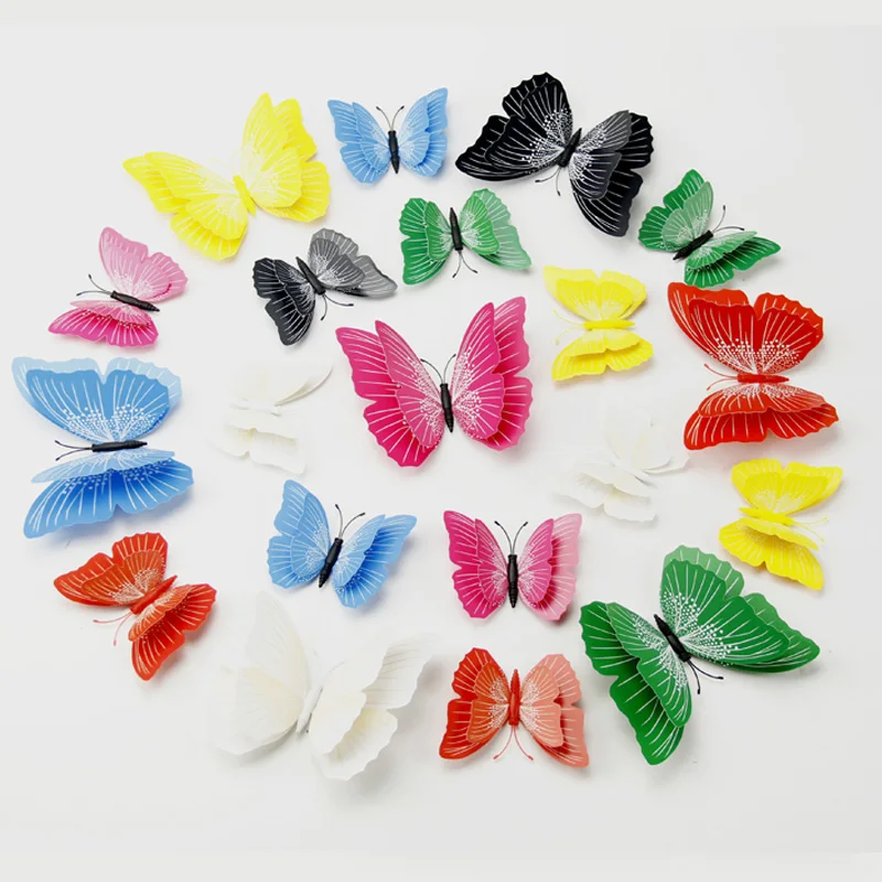 12Pcs 3D Double Layer Butterfly Wall Stickers Seven Solid Color Magnet Fridge Decor for Wedding Home