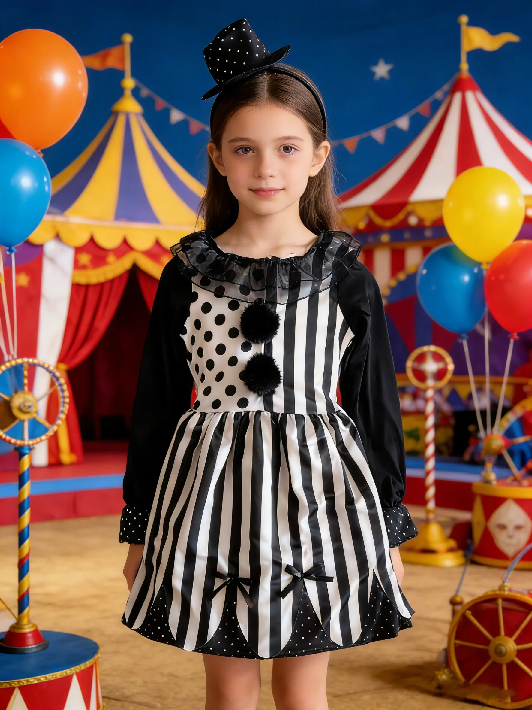 

A Black and White Patchwork Clown Dress + a Headpiece, with Black Pom-Poms on the Chest, Polka Dot Mesh on the Neckline and Cuffs, and a Matching Mini Hat Headband, Suitable for Halloween, Carnival, and School Holiday Performances