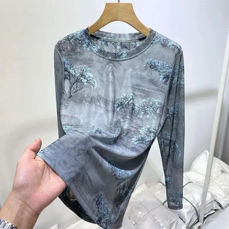 Women's Clothing Mesh Top Spring Autumn Tees New Slim Fit Printed Mesh Bottoming Shirt