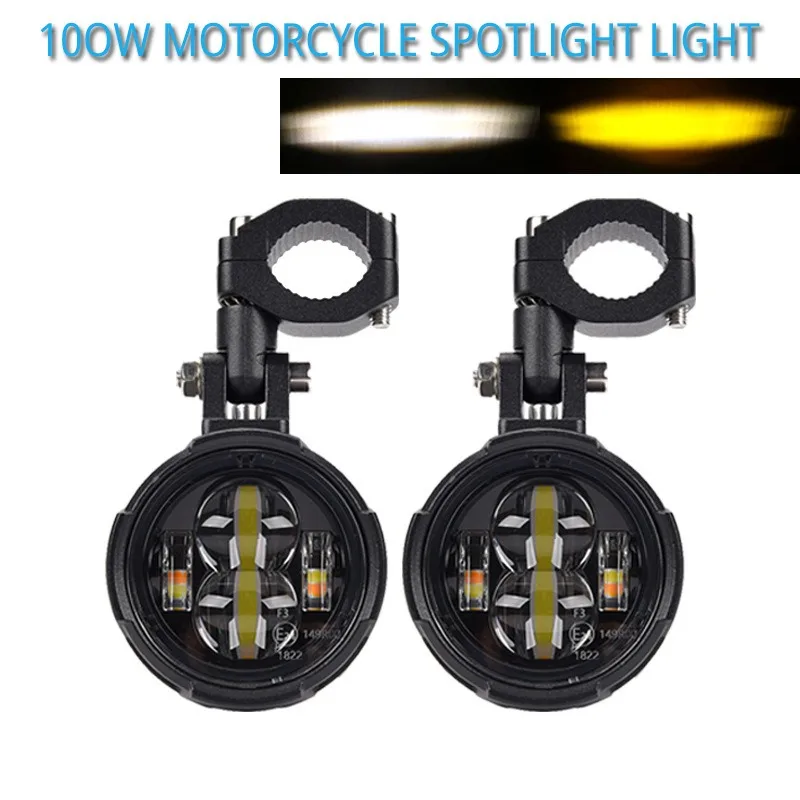 Pair 100W LED Motorcycle Fog Lights Dual-Color Amber/White Auxiliary Driving Spotlights with Flasher & Mount Bracket