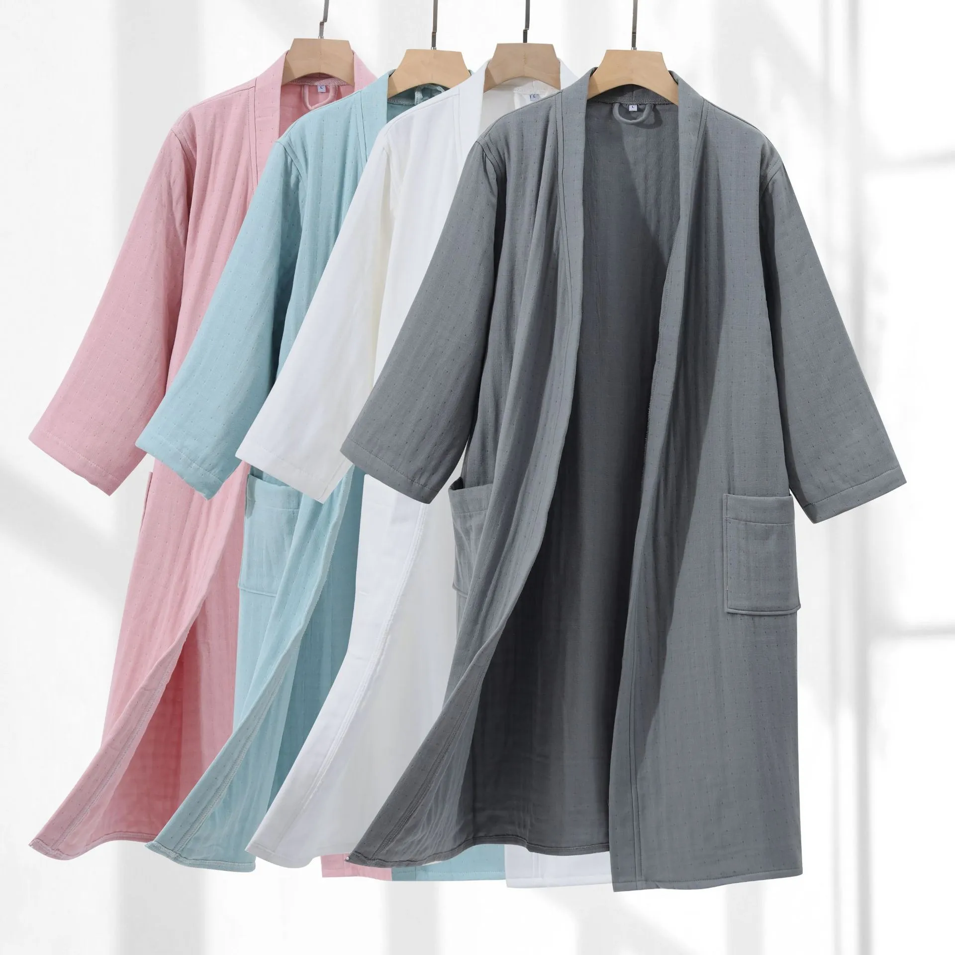 100% Cotton 4 Layer Gauze Kimono Robe New Women Robe And Men Hooded Bathrobe Nightgown Soft Home Clothes Solid Hotal Spa Robes