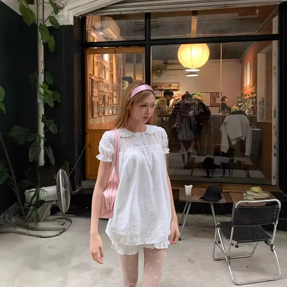 

Белый комплект из двух предметов: платье с вышивкой, воротником-стойкой и рукавами-фонариками, свободная юбка А-силуэта, повседневный корейский стиль, хлопок