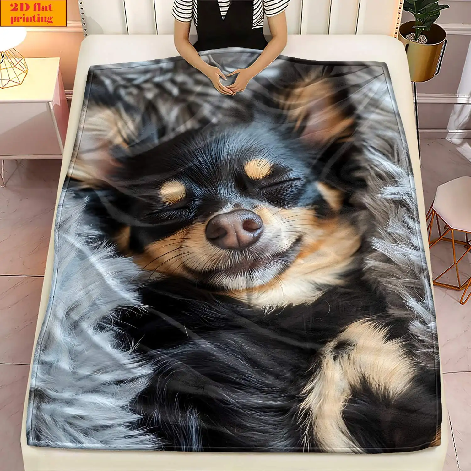 Sleeping Long Hair Chihuahua Fluffy Fur Background Print Flannel Throw Blanket Soft Warm Cover Sofa Bedroom Pet Lover Decor Gift