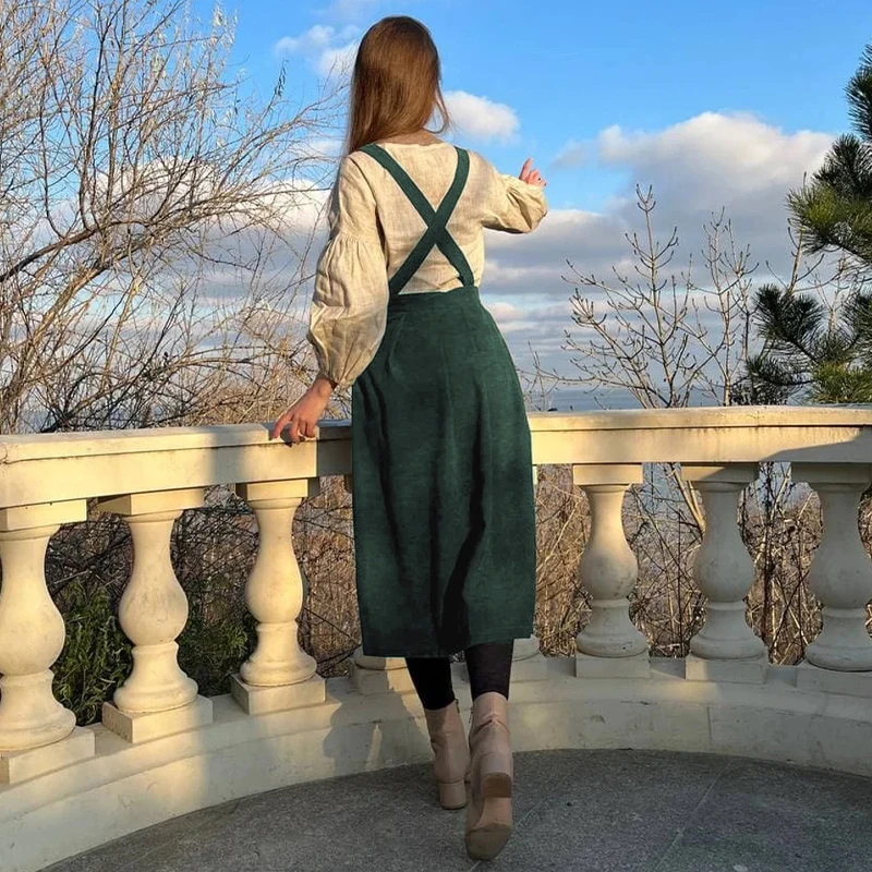 Corduroy Autumn Winter Dresses For Women Casual Solid Back Cross Elegant Midi Pinafore Dress Vinatge Overall One Piece Dress