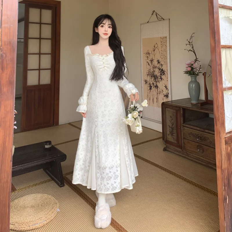 

Весенне-осенняя женская одежда больших размеров во французском стиле2025Gentle Sweet Style Dress с флисом, квадратным вырезом, застежкой на талии,