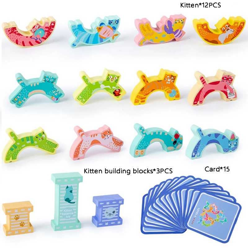 Wooden Kitten Balance Building Blocks DIY Stacking Toy Wooden Blocks Toys Kids Colorful Stacking Wood Blocks Block Toys