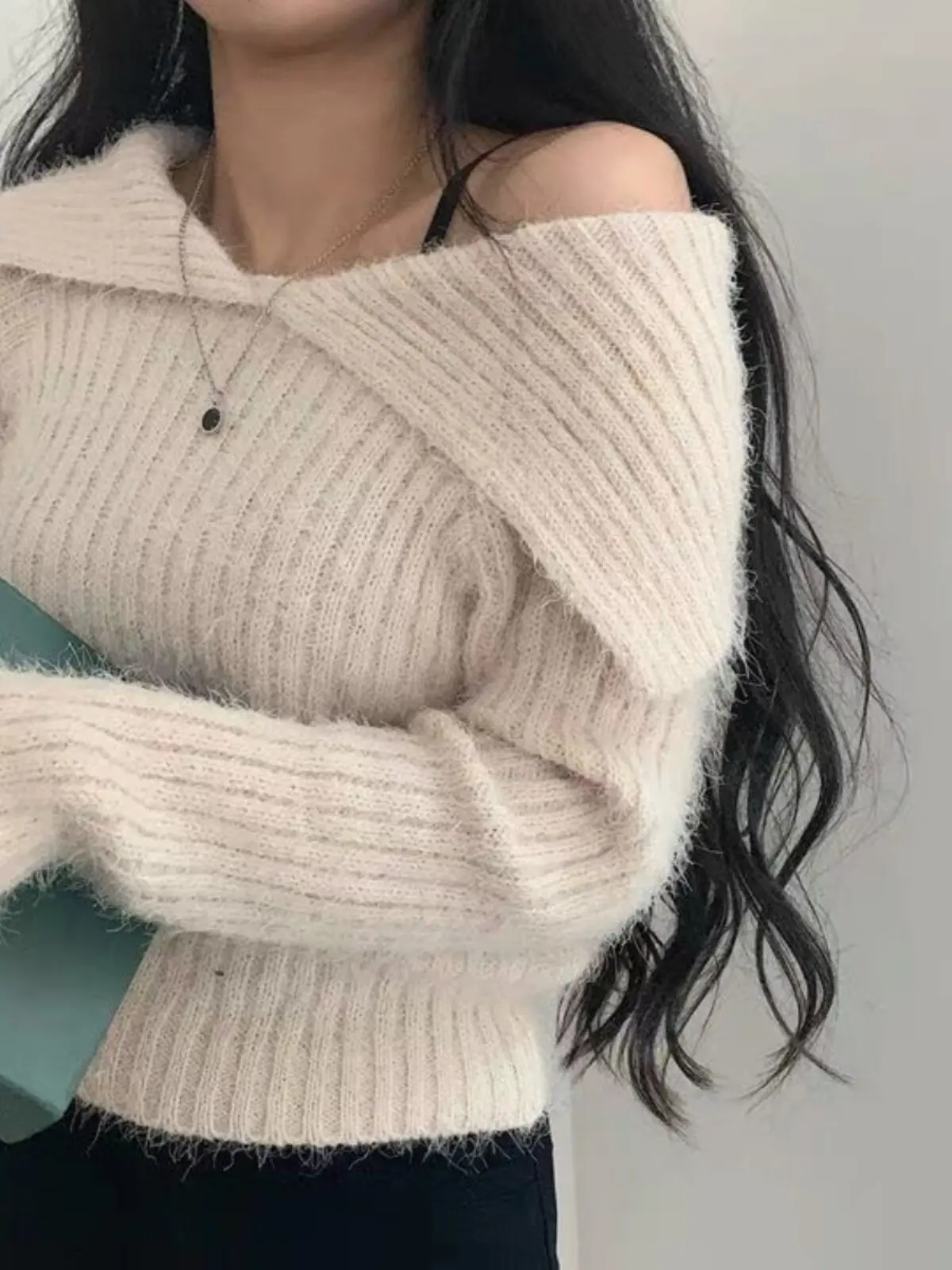 Women White Lapel Pullover Sweater Fashion Y2k Gyaru Vintage Knitwear Off Shoulder Sweater Knit Top for Women Autumn Winter 2026