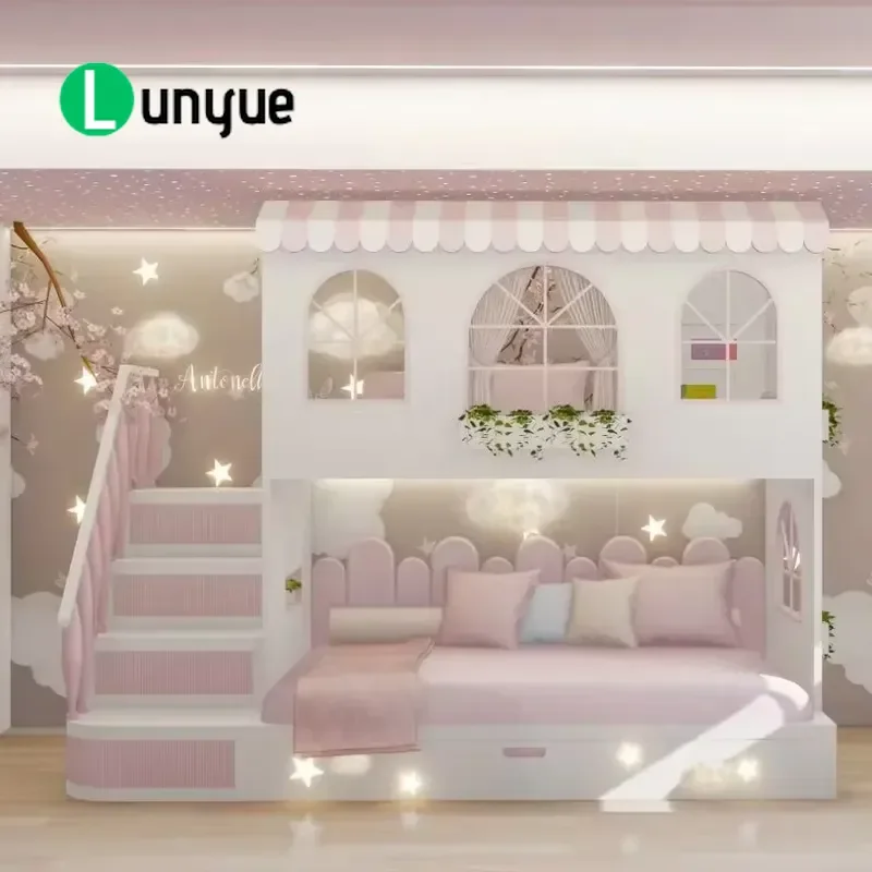 Luxury Pink Princess Castle Bunk Bed for Girls with Comfortable Eco-Friendly Pine Storage Cabinet Slide and Custom Size