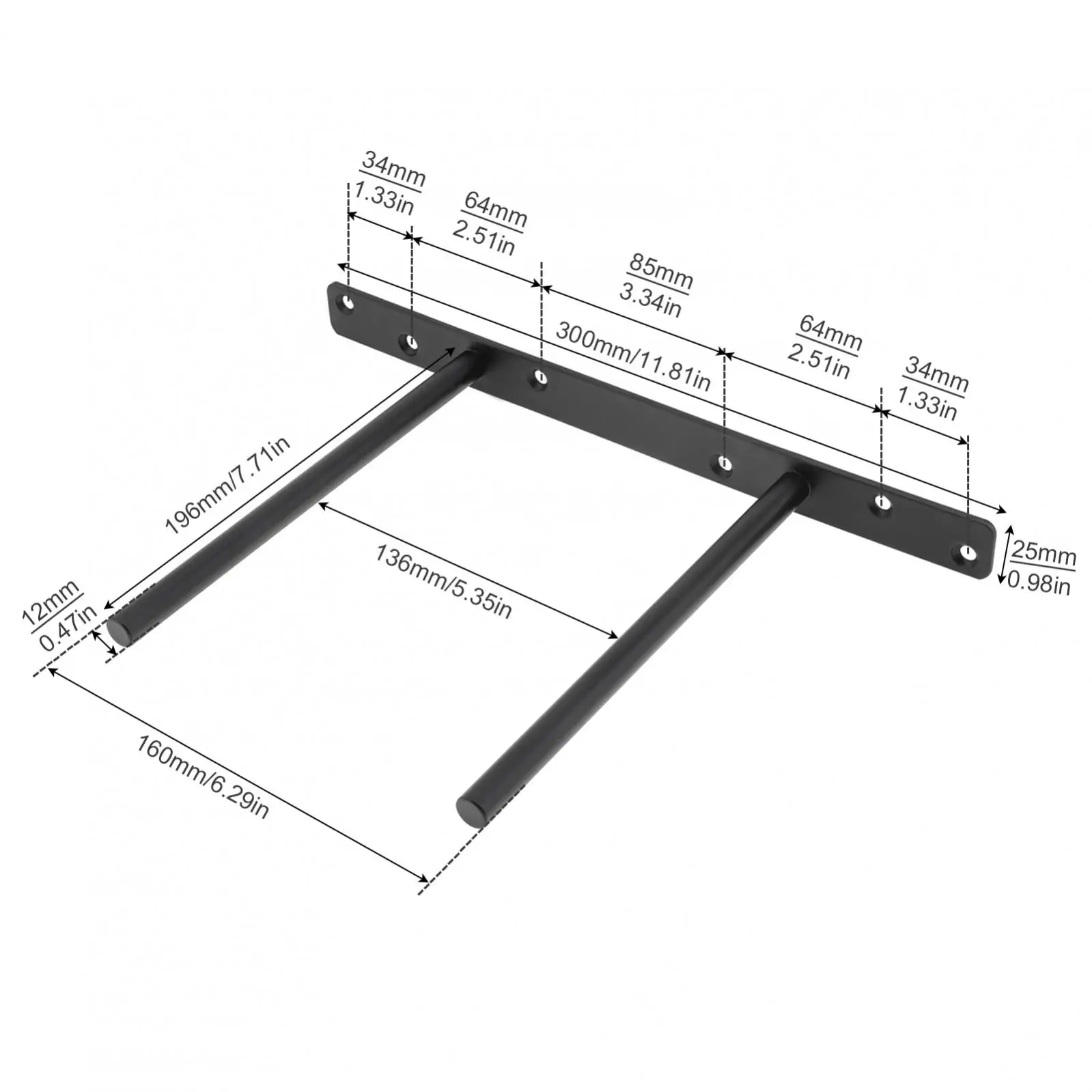 12MM Cylindrical Hidden Double T Wall Layer Panel Support Covert Black Bracket For Shelves Between 0.25-8 Inches Deep