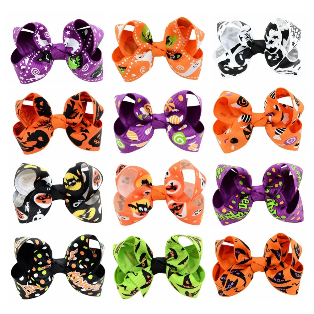 

12pcs 12 Colors Pumpkin Halloween Kids Grosgrain Ribbon Bows Barrettes Girl Hairclip Boutique Hairpins Kids Hair Accessories 751