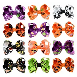 12pcs 12 Colors Pumpkin Halloween Kids Grosgrain Ribbon Bows Barrettes Girl Hairclip Boutique Hairpins Kids Hair Accessories 751