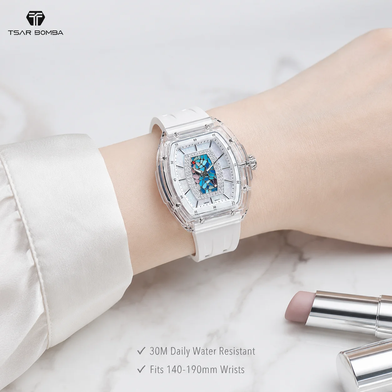 TSAR BOMBA Women’s Quartz Watch Swiss Movement Sapphire Crystal Waterproof Luminous Shock Resistant Fluoroelastomer Strap Gift