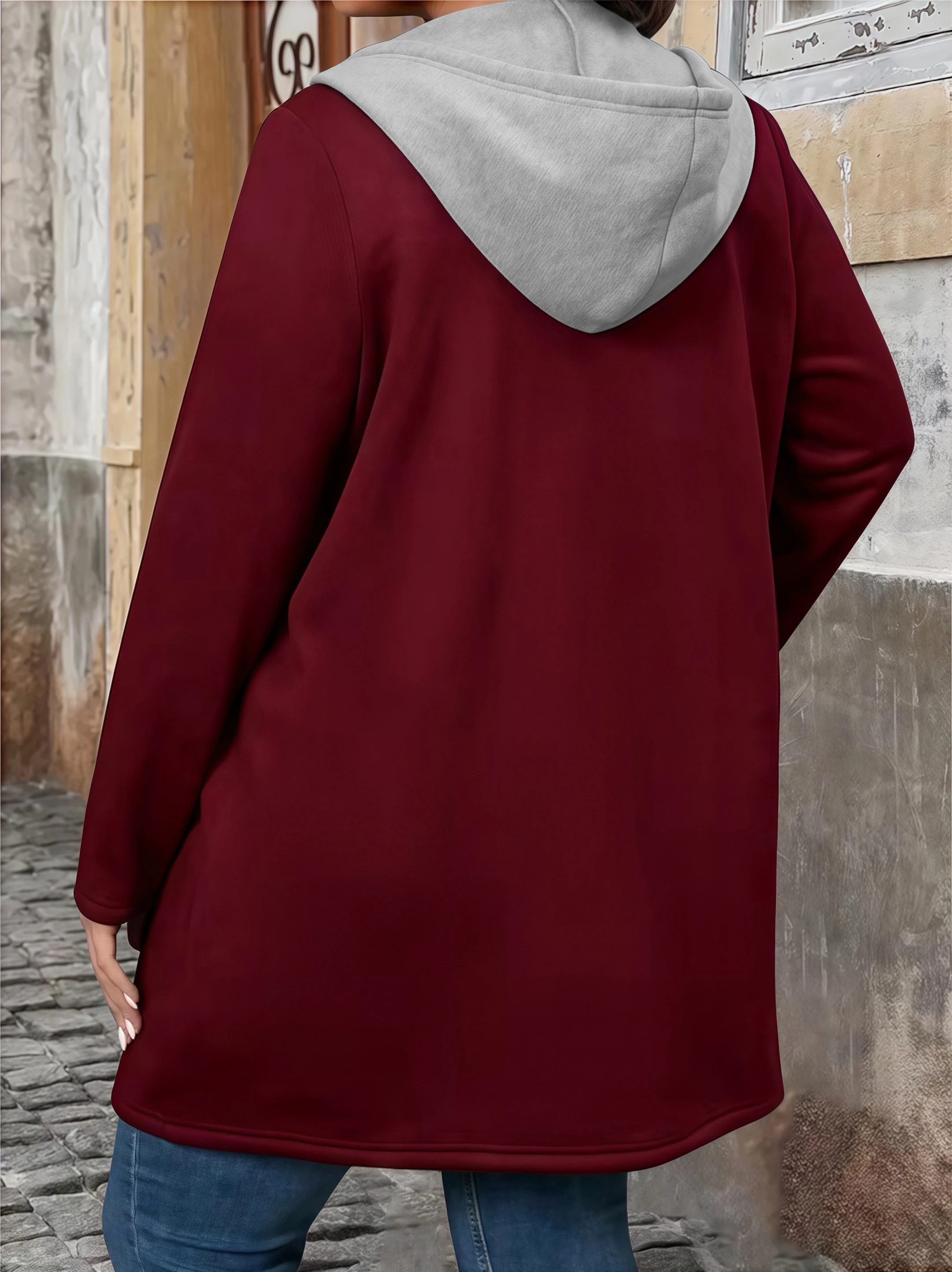 Elegantní jednobarevný dvoubarevný dlouhý kardigan s kapucí, kapsami a stahovací šňůrkou, dámský kabát pro větší velikosti na podzim a zimu - náhled 2