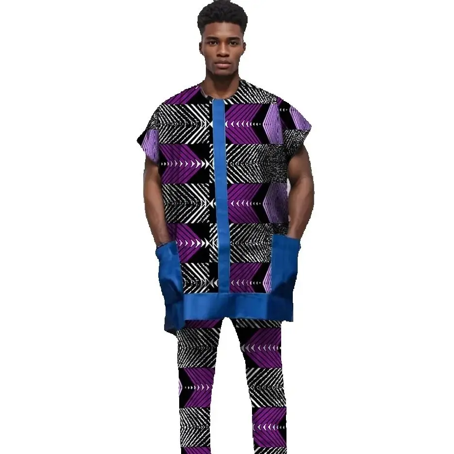 

African Couture Trendy Men‘s Pant Set Patchwork Tops & Wax Pants Nigerian Trends Original Design Male Party Wear Customized