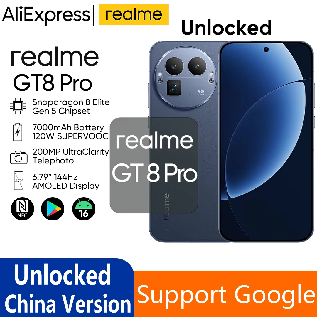 �y�Z�[�����z���b�N�����ς� Realme GT 8 Pro �g�ѓd�b Snapdragon 8 Elite Gen 5 OTA 6.79�C���` AMOLED 200.0MP 7000mAh 120W�[�d IP69�h��