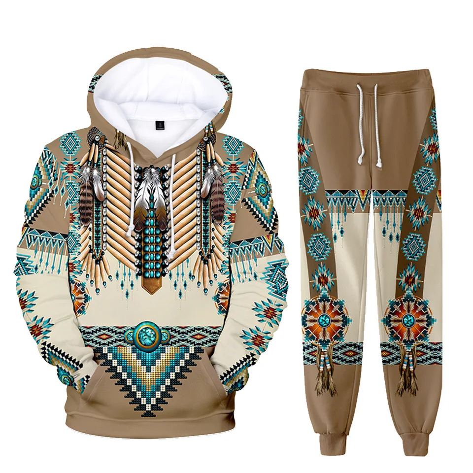 Amerika native indische 3D-Druck 2 Stück Sets Trainings anzug Männer Kapuze Sweatshirt Hosen Pullover Hoodie Casual Sportswear