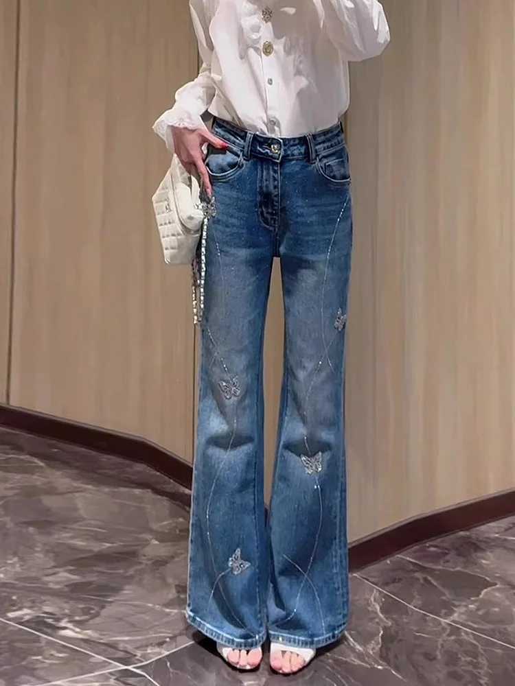 

Ретро-джинсы в американском стиле: широкие брюки из выцветшего денима в пол с декором из страз для женщин