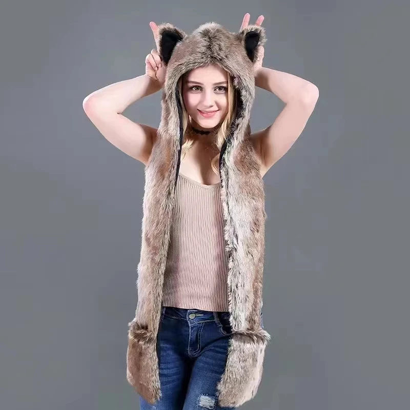 Men/Women Faux Fur Hood Animal Hat Ear Flaps Gloves 3in1 Animal Fur Hat Wolf Plush Warm Imitation Fur Hats Cap with Scarf Gloves