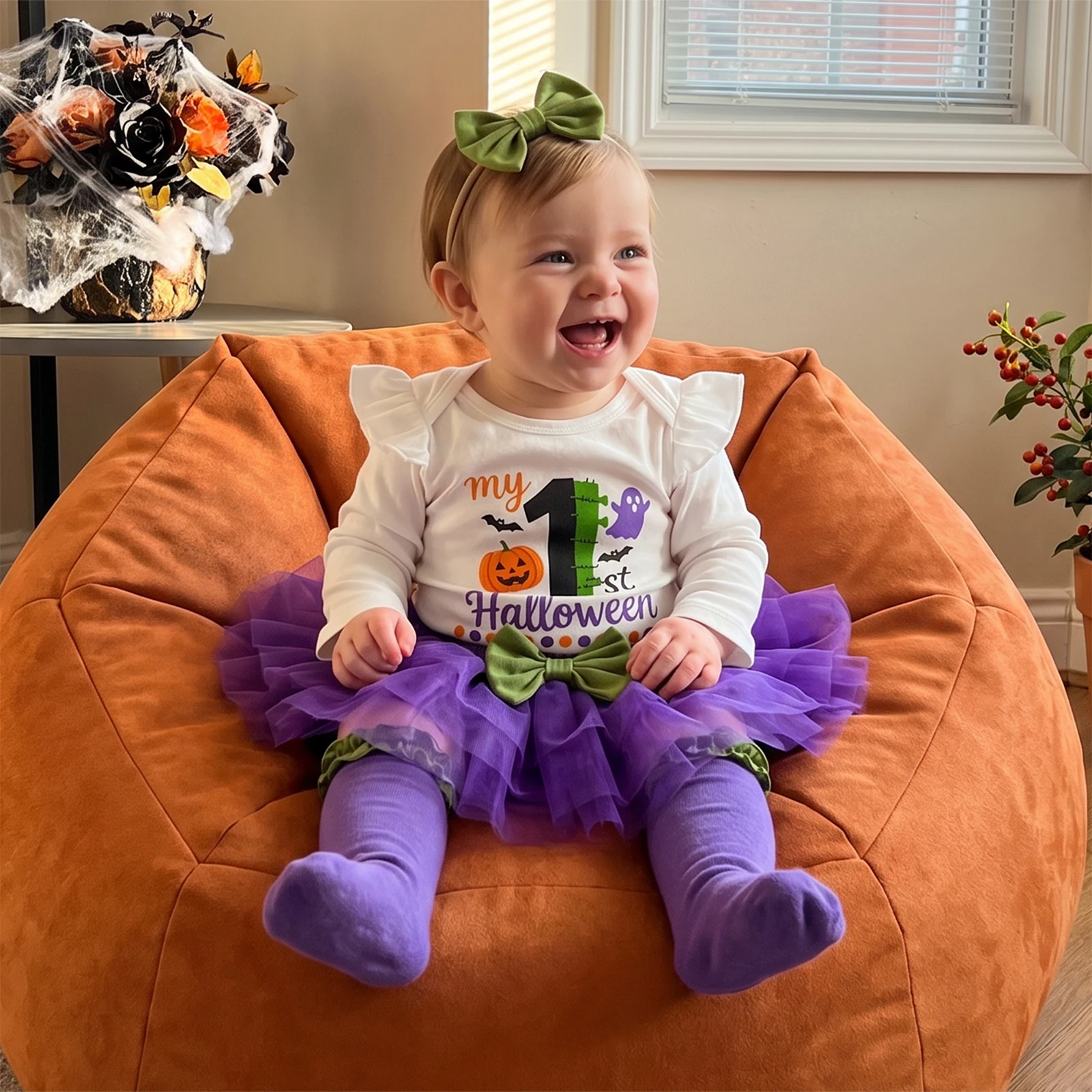 Baby Girl My First Halloween Outfit Long Seeve Romper Mesh Lace Skirt Headband Socks Halloween Costume