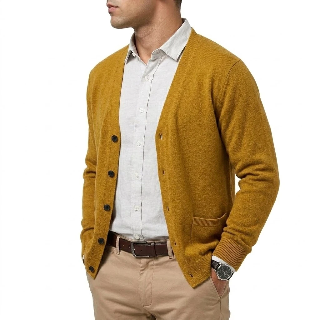Herbst Herren V-Ausschnitt Strickjacke Pullover mit Knöpfen Langarm Strickpullover mit Taschen Lässiger Mantel Jacke für Männer – Detail 4
