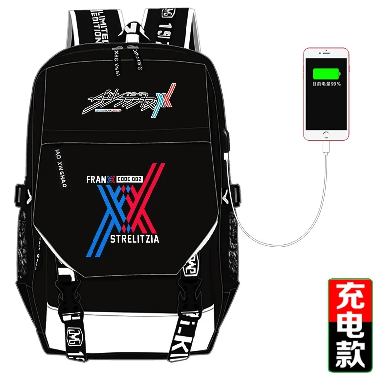 With USB port, 28×44×14cm Black, Darling in the FranXX, Student Kids Teens School Bags, Anime Backpacks Girls Boys