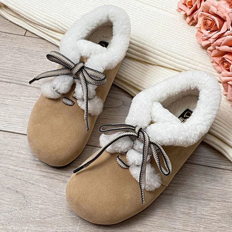 

Осень-зима, пушистые теплые женские туфли на плоской подошве со шнуровкой, удобная короткая плюшевая дизайнерская обувь с круглым носком, женские легкие нескользящие зимние ботинки