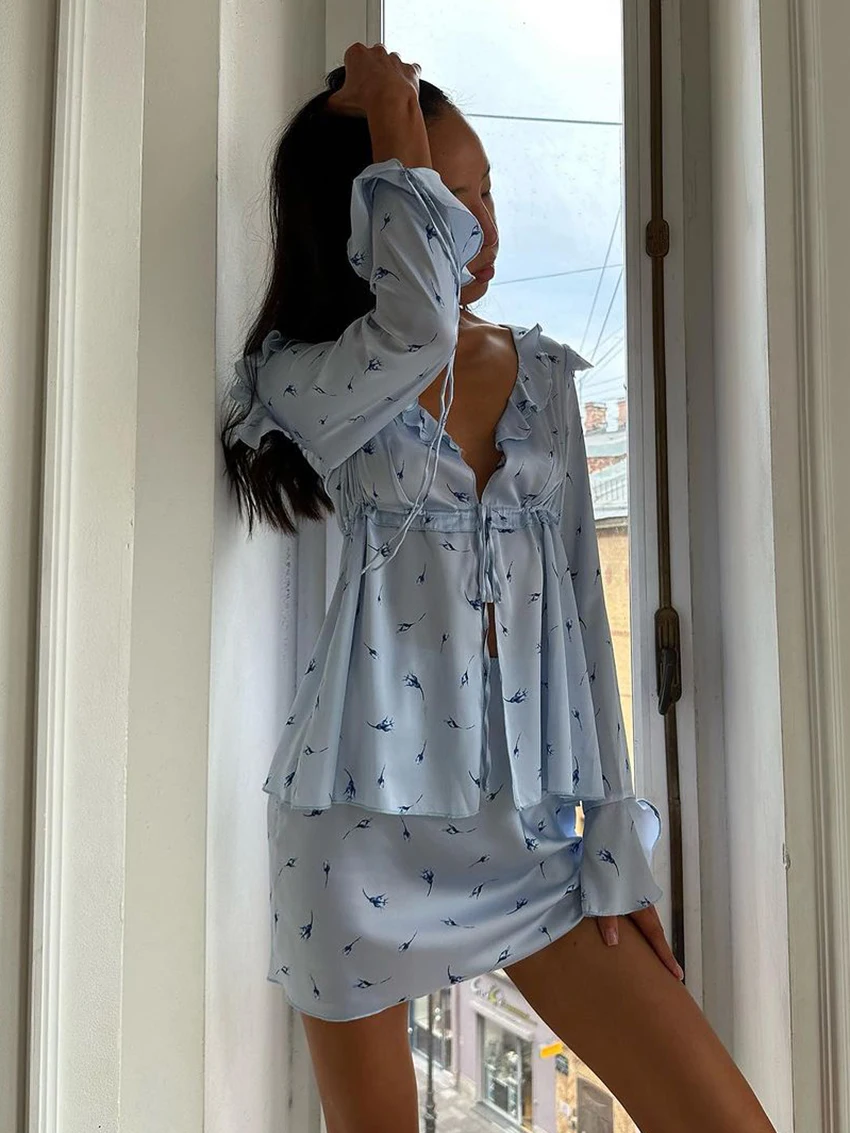Marthaqiqi Printing Female Pajamas Set Long Sleeve Sleepwear V-Neck Nightie Lace Up Nightgowns Skirt Casual Women Nightwear Suit