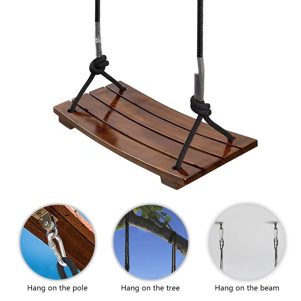 Solid Wood Swing One Seat Simple Swing Maximum Load 440Lbs Wooden Swing Seat Adjustable Rope Length for Kids Adults