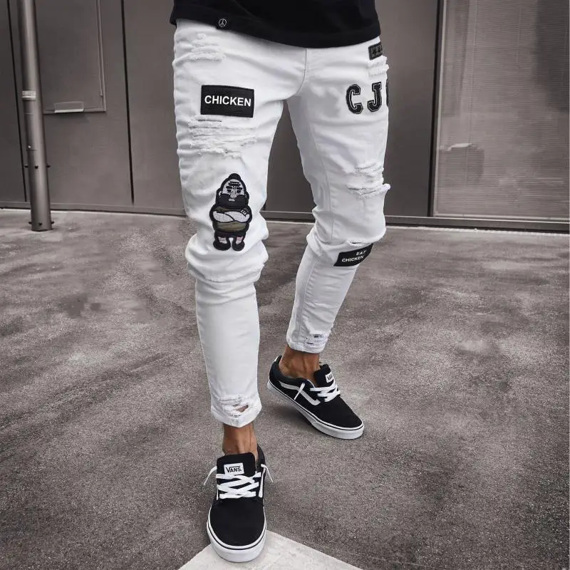 2024 White Embroidery Skinny Ripped Jeans Men Cotton Stretchy Slim Fit Hip Hop Denim Pants Casual Jeans for Men Jogging Trousers