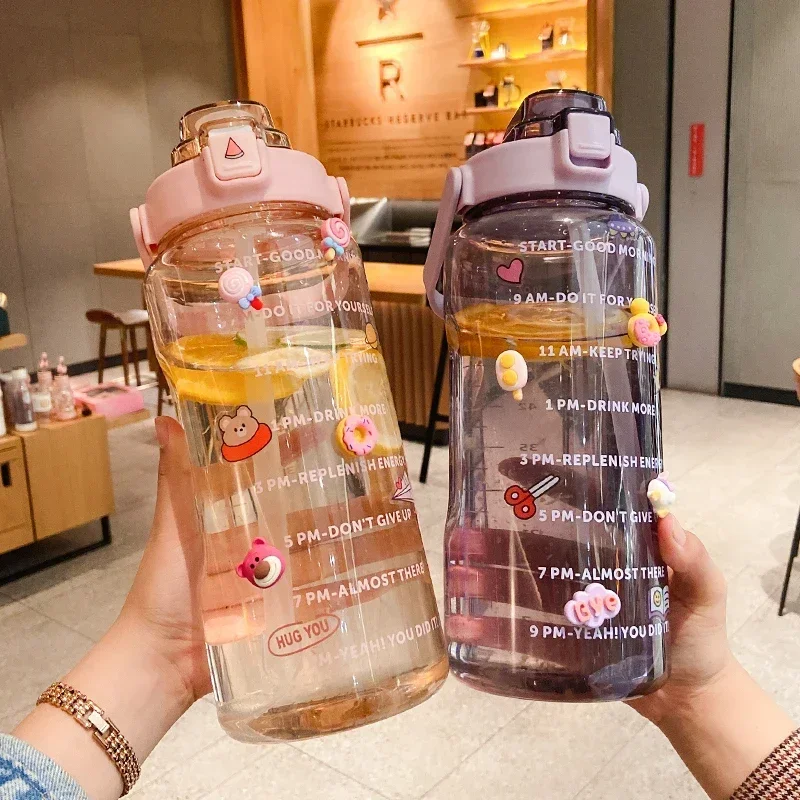 2L Water Bottle with Straw Time Marker Outdoor Travel Sport Drinking Bottle for Kid Girl Summer Plastic Cup Kawaii Termos Kettle