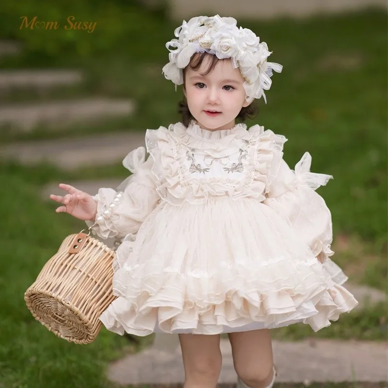 Baby Girl Princess Tutu Dress Long Sleeve Child Spanish Vintage Vestido Lolita Party Birthday Pageant Costume Baby Clothes 1-10Y