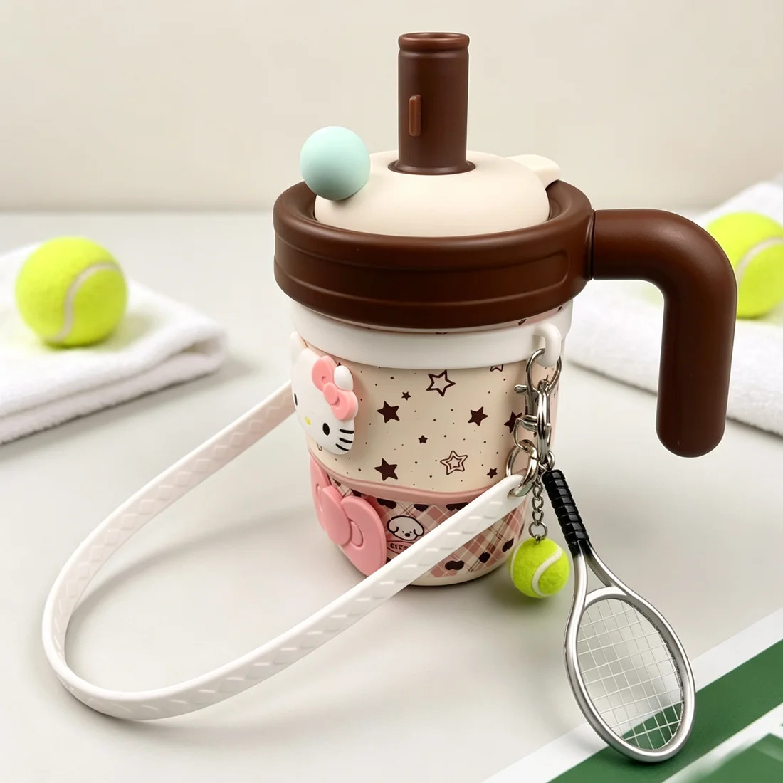 Tennis racket Sports Keychain Pendant，Water Bottle Handle Attachment Strap - Portable Cup Sling Carrier  | Fits Most 12-40oz Cup