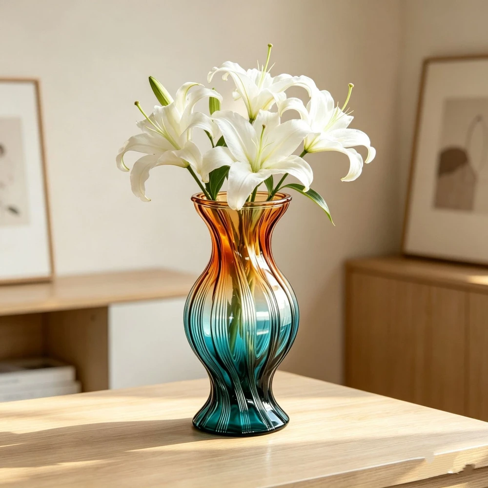 Colorful Gradient Glass Flower Vase Vintage Ripple Textured Flower Vase Flower Arrangement Home Wedding Tabletop Decor