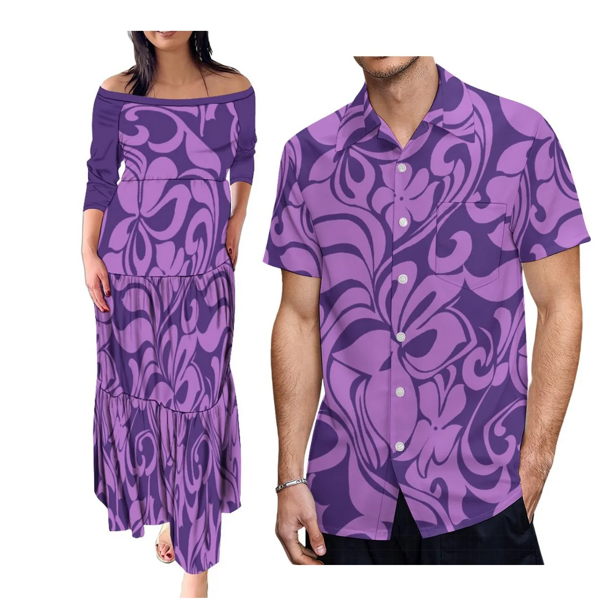 

Custom Women'S Mid-Sleeve Dress Polynesian Tribe Designed Women'S Long Dress With Men'S Shirt For Couples