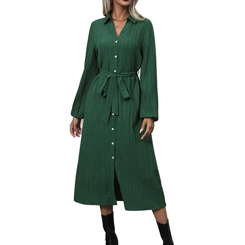 

Pure Color Dress Women V Neck Lapel Long Sleeve Single-breasted Skirt Autumn Ladies OL Temperament Commuter Dress Female Clothes