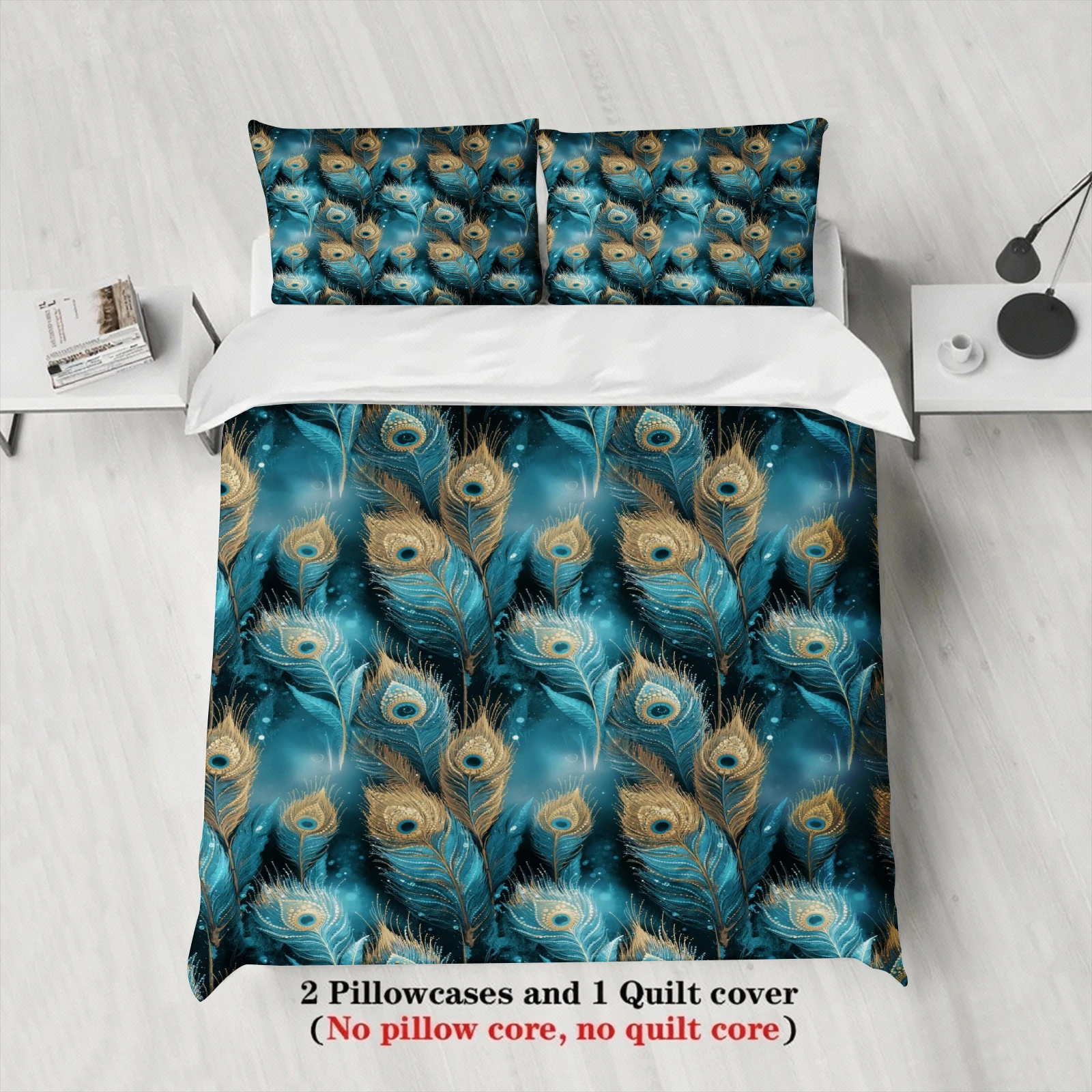 3PCS Duvet Cover Set Black Green Peacock Feather 3D Printed Duvet Cover With Pillowcases Single Twin Queen Size Bedding Set