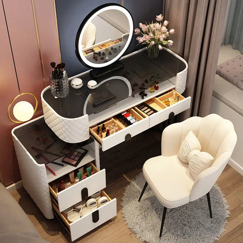 

Vanity Desk Modern Dresser Table LED Mirros Household Bedroom Dressing Table Density Board Makeup Table With Mirror Furniture