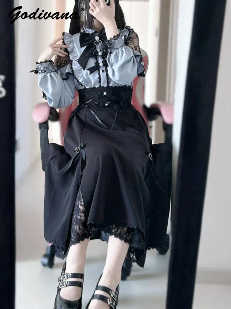 Original Spring Japanese Mass-produced Lace Stitching Long Sleeve Bow Shirt Lolita Tops High Waist Slim Long Skirt 2 Piece Set